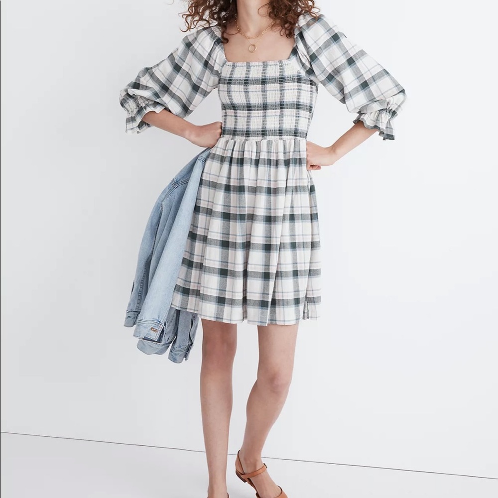 Madewell Plaid Dress Lucie Elbow Sleeve Smocked Mini Dress
